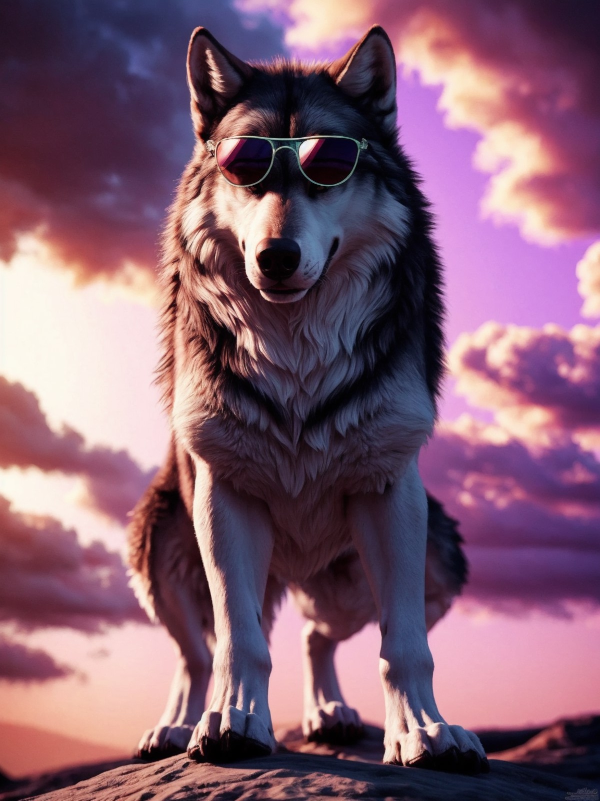 psychedelic wolf with sunglasses on a blue and pink cloud, feral, hyper detailed and intricate, photorealistic, beautiful ...